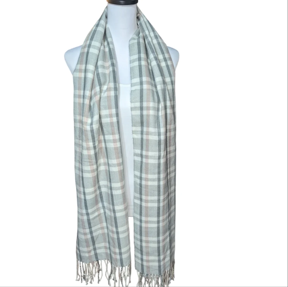 Banana Republic Factory Tartan Gray, White and Pink Plaid Fringe Scarf